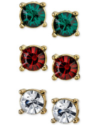 2028 Gold Tone Red Green Clear Trio Stud Earrings