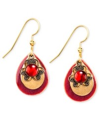 Silver Forest Earrings Gold Tone Red Stone Teardrop Earrings