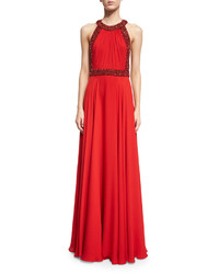 Jenny Packham Halter Neck Embellished Trim Gown Russian Red