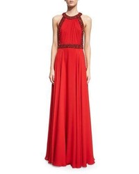 Jenny Packham Halter Neck Embellished Trim Gown Russian Red