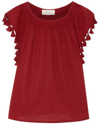 The Great The Tassel Embellished Broderie Anglaise Cotton Top Claret