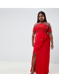 Virgos Lounge Plus Reign Embellished Cold Shoulder Maxi Dress With Wrap Skirt In Red