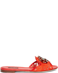 Red Embellished Flat Sandals