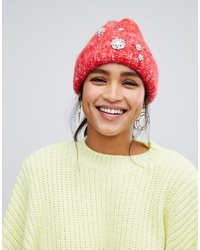 Red Embellished Fluffy Beanie