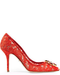 Dolce & Gabbana Crystal Embellished Corded Lace Pumps Red