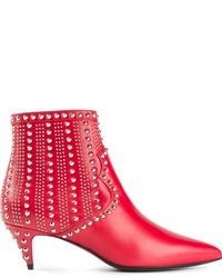 Red Embellished Leather Ankle Boots