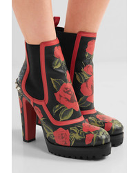 Alexander McQueen Embellished Floral Print Ankle Leather Boots Red