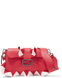 Fendi Baguette Bead Embellished Ruffled Leather Shoulder Bag Red