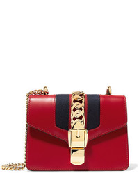 Gucci Sylvie Mini Chain Embellished Leather Shoulder Bag Claret