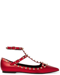 Red Embellished Leather Ballerina Shoes