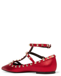 Valentino The Rockstud Embellished Metallic Leather Flats Red