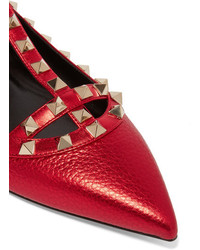 Valentino The Rockstud Embellished Metallic Leather Flats Red