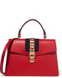 Gucci Sylvie Medium Chain Embellished Leather Tote Red