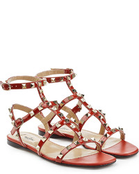 Red Embellished Leather Flat Sandals