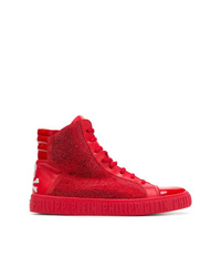 Red Embellished Leather High Top Sneakers