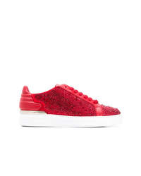 Red Embellished Leather Low Top Sneakers