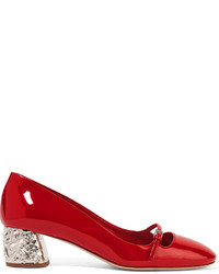 Miu Miu Crystal Embellished Patent Leather Mary Jane Pumps Red