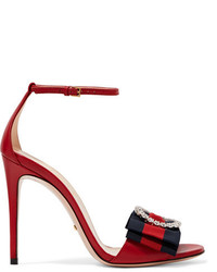 Gucci Embellished Grosgrain Trimmed Leather Sandals Red