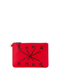 Red Embellished Leather Zip Pouch