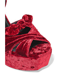 Saint Laurent Farrah Bow Embellished Velvet Platform Sandals Red