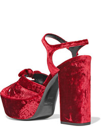 Saint Laurent Farrah Bow Embellished Velvet Platform Sandals Red