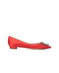 Red Embellished Satin Ballerina Shoes