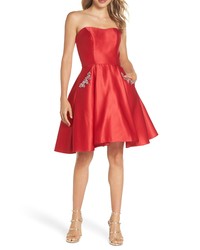 Red Embellished Satin Fit and Flare Dress