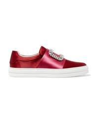 Red Embellished Slip-on Sneakers