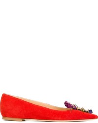 Red Embellished Suede Ballerina Shoes