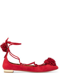 Aquazzura Sunshine Pompom Embellished Suede Ballet Flats Red