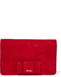Miu Miu Bow Embellished Suede Shoulder Bag Crimson