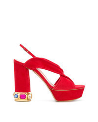 Red Embellished Suede Heeled Sandals