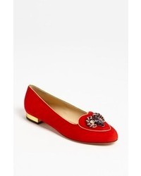 Red Embellished Suede Loafers