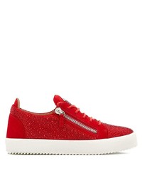 Red Embellished Suede Low Top Sneakers
