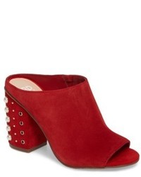Red Embellished Suede Mules