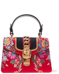 Gucci Sylvie Mini Chain Embellished Jacquard Tote Red