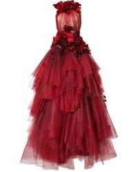 Red Embellished Tulle Evening Dress
