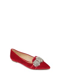 Red Embellished Velvet Loafers