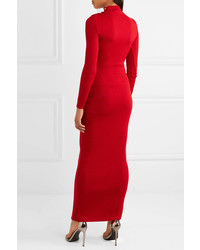 Balmain Embellished Ribbed Merino Wool Maxi Dress Red