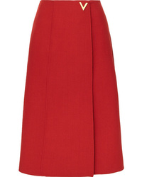 Red Embellished Wool Midi Skirt