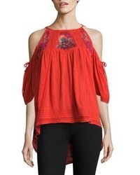 Free People Fast Times Cold Shoulder Embroidered Top