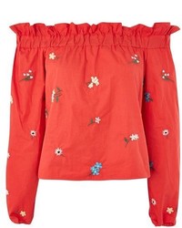 Topshop Floral Embroidered Bardot Top