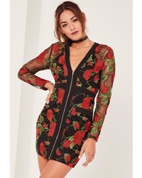 Missguided Red Embroidered Plunge Zip Through Bodycon Dress