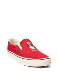 Red Embroidered Canvas Slip-on Sneakers