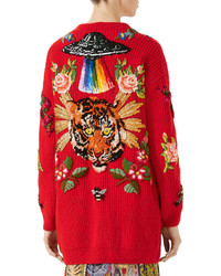 Gucci Oversize Embroidered Wool Cardigan Red