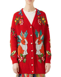 Gucci Oversize Embroidered Wool Cardigan Red