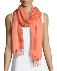 Eileen Fisher Embroidered Border Organic Cotton Scarf Wfringe Guava