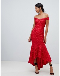 Chi Chi London Bandeau Embroidered High Low Maxi Dress In Red