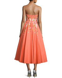 Marchesa Notte Strapless Embroidered Faille Tea Length Gown Coral