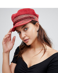 Red Embroidered Flat Cap